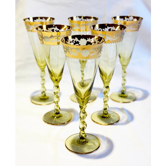 This is a vintage set of 6 large-sized Venetian glass water goblets or wine glasses. The conical shape of these glasses...