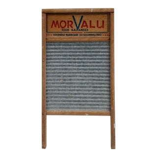 Vintage MorValu Columbus Washboard Co. Galvanized Metal & Wood Washboard For Sale