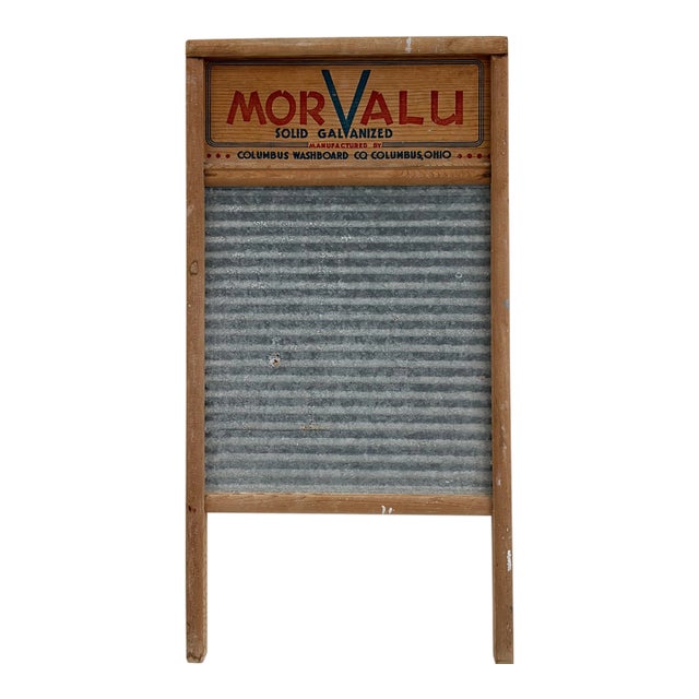 Vintage MorValu Columbus Washboard Co. Galvanized Metal & Wood Washboard For Sale