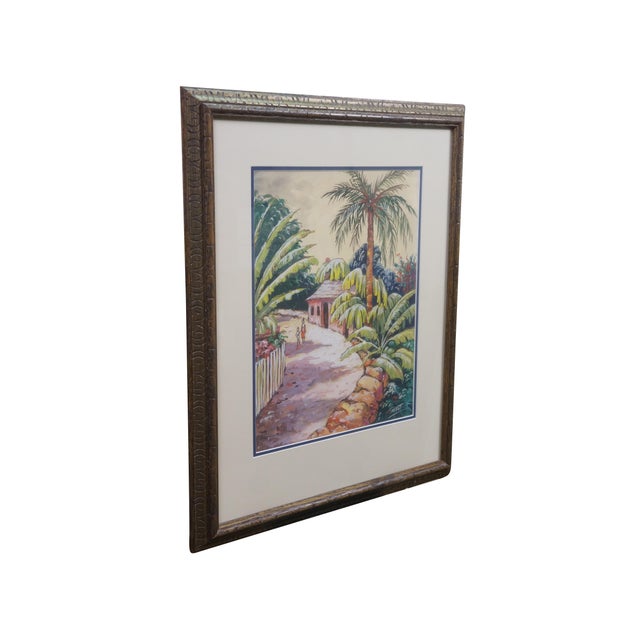 Realism Late 20th Century Talbot Tropical Caribbean Garden Village Watercolor on Silk Painting 27" For Sale - Image 3 of 9