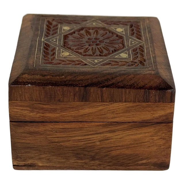 Vintage Brass Inlay Hinged Wood Trinket Box For Sale