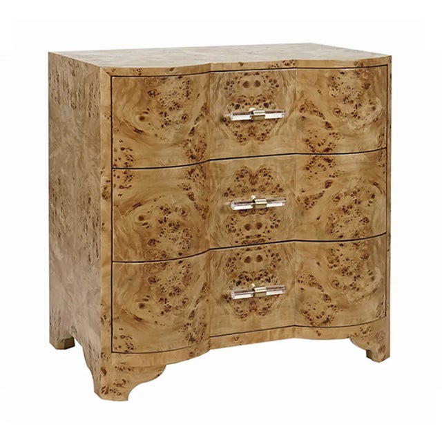 Matthew Izzo Home - Calvin Light Burlwood, Three Drawer Nightstand With Acrylic & Brass Hardware For Sale In New York - Image 6 of 6