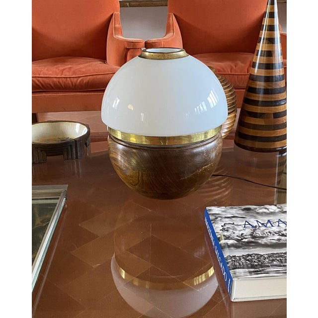 Table lamp, Luigi Caccia Dominioni produced by Azucena, Italy 1970s Wood, opaline glass. Brass details H 41 cm - 36 cm...