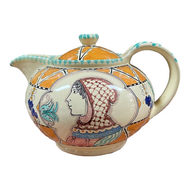 Vintage Italian Renaissance Style Giacomini for Cottura Hand Painted Pottery Teapot For Sale