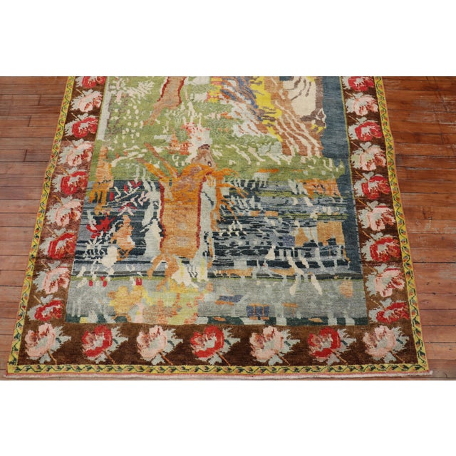 Mid 20th Century Zabihi Collection Running Deers Pictorial Vintage Karabagh Rug - 4'9" x 8'9" For Sale - Image 5 of 6