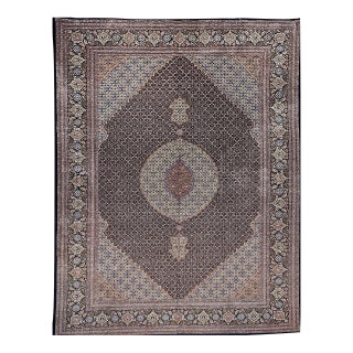 Antique Persian Tabriz Mahi Rug, Hand-Knotted Wool & Silk, Herati Geometric Pattern, Navy & Ivory, 9x12 For Sale