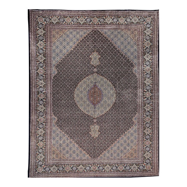 Antique Persian Tabriz Mahi Rug, Hand-Knotted Wool & Silk, Herati Geometric Pattern, Navy & Ivory, 9x12 For Sale