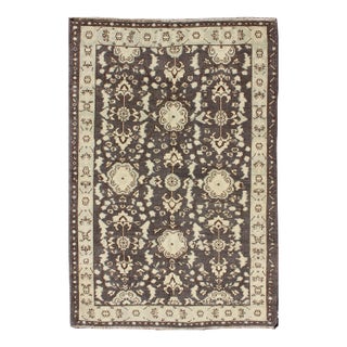 Mid 20th Century Mid 20th Century Vintage Turkish Oushak Area Rug in Dark Charcoal Brown and Ivory For Sale