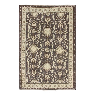 Mid 20th Century Vintage Turkish Oushak Area Rug in Dark Charcoal Brown and Ivory For Sale