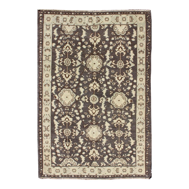 Mid 20th Century Vintage Turkish Oushak Area Rug in Dark Charcoal Brown and Ivory For Sale