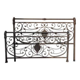 Brown Metal King Sleigh Bed Set Frame Headboard Medalion and Ornate Scrolls For Sale