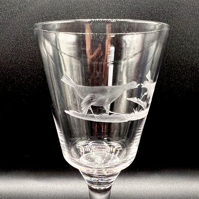 Antique Victorian Hand-Engraved Glass Wine Goblets with Wildlife Goose Scene, England, 1900s, Set of 3 For Sale - Image 4 of 8