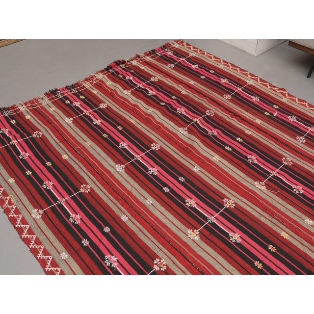 1970s Vintage Handmade Wool Cotton Red Kilim Runner Rug For Sale - Image 10 of 11