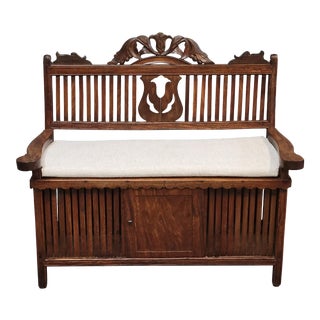 Antique 1920s Philipino Gallinera Storage Bench With Custom Made Linen Cushion For Sale