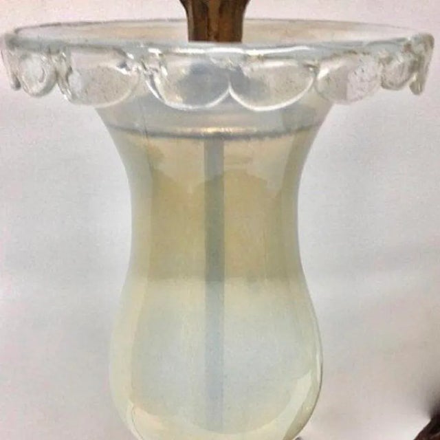 Gold 1940s Early Murano Aventurine Filled Hand Blown Glass With Brass Flower Pedal Lamps With Original Foil Tag, a Pair For Sale - Image 8 of 12