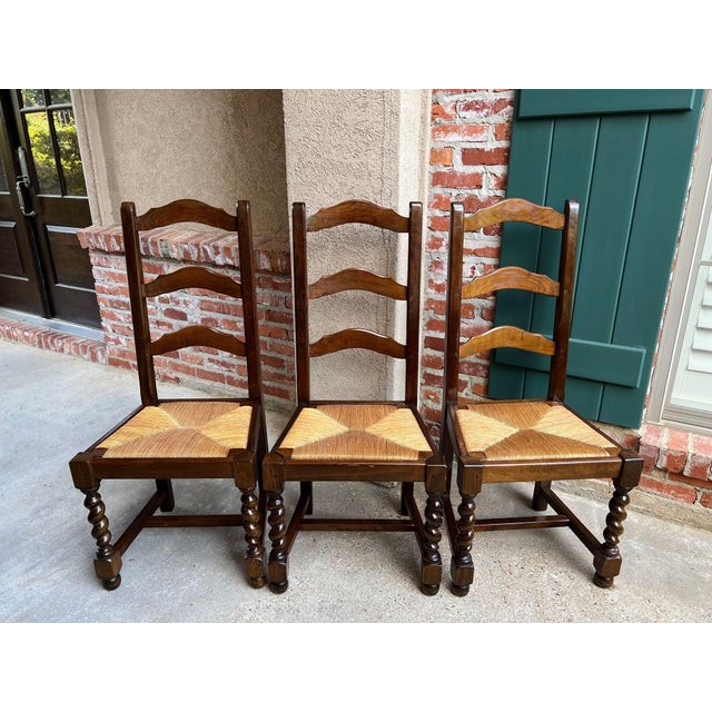 Late 20th Century Vintage French Dining Chairs Set 6 Oak Barley Twist Rush Seat Ladder Back For Sale - Image 5 of 18