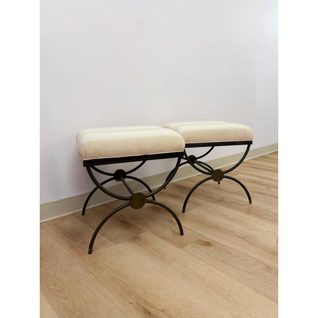 Swaim Pair of Swain Style Designer Metal and Beige Upholstered Footstools, High Point For Sale - Image 4 of 10