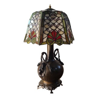 Art Nouveau Bronze Caryatid Lamp with Stained-Glass Glass Shade in the style of Tiffany, 1900s For Sale