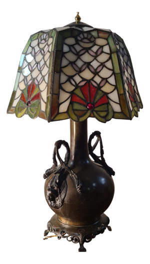 Art Nouveau Bronze Caryatid Lamp with Stained-Glass Glass Shade in the style of Tiffany, 1900s