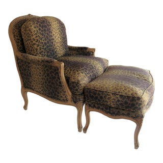 Vintage C.1980s Custom Louis XV French Bergere Club Chair and Ottoman Set With Leopard Textile For Sale