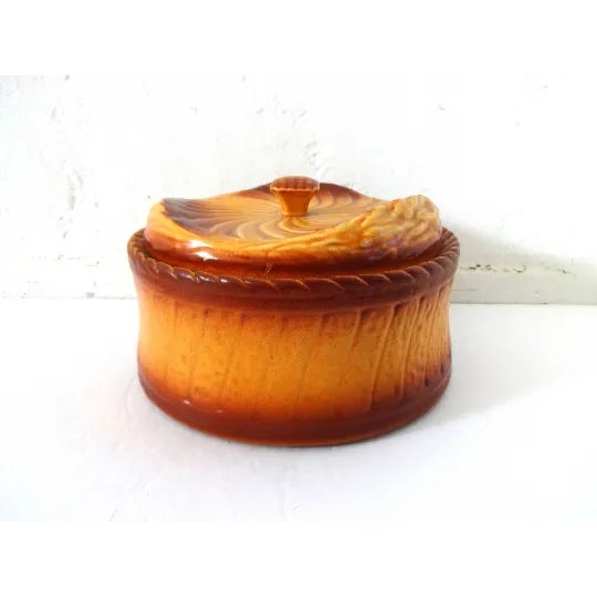 A vintage French brown ceramic faience oven casserole cookware piece with a lid. Trompe l'oeil puff pastry terrine. Glazed...