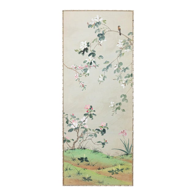 Hand Painted Gracie Wallpaper Panel in Silvered Bamboo Frame For Sale