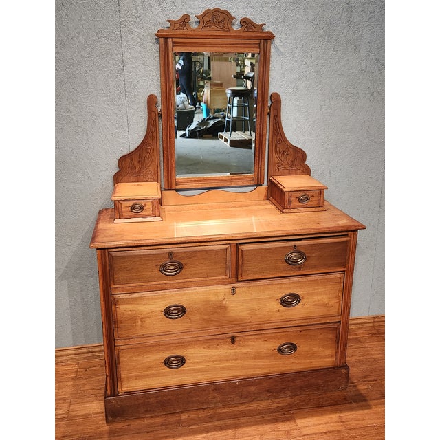 Antique 1900's Edwardian Walnut Dressing Table with Hinged Mirror Beautiful walnut four drawer dresser in a two over two...