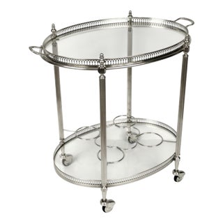 Vintage French Neoclassical Chrome Plated and Brass Drinks Trolley with Serving Tray, 1950s For Sale