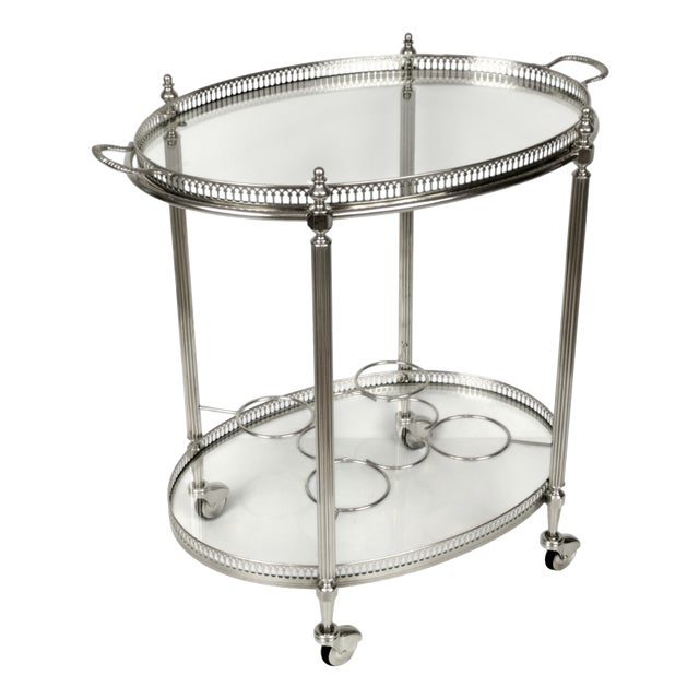 Vintage French Neoclassical Chrome Plated and Brass Drinks Trolley with Serving Tray, 1950s For Sale