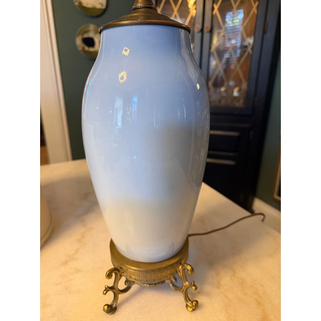 Vintage Bing & Grondahl Copenhagen Danish Porcelain Floral Vase Table Lamp With Brass Footed Base For Sale - Image 6 of 14