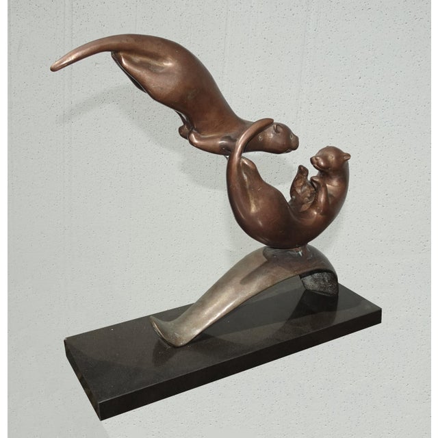 Vintage Bronze Balancing Swimming Otters Statue ~ Sculpture For Sale - Image 4 of 15