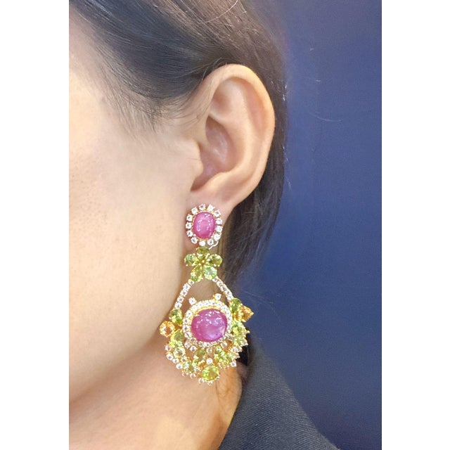 Ruby Red Bochic "Orient" Ruby, Citrin & Peridot Earrings Set In 18K Gold & Silver For Sale - Image 8 of 10