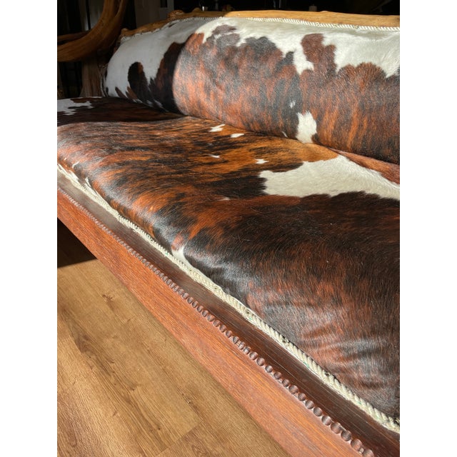 2000 - 2009 Rustic Live-Edge Handmade Sofa, Genuine Cowhide Upholstery For Sale - Image 5 of 9