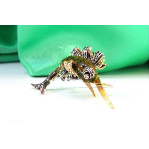 Gold and Silver Brooch with Diamond Flakes and Enamel For Sale - Image 5 of 7