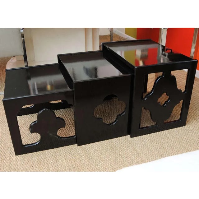 Vintage Ebonized Cut Out Wood Nesting Tables Set of 3, 1960's For Sale - Image 9 of 11