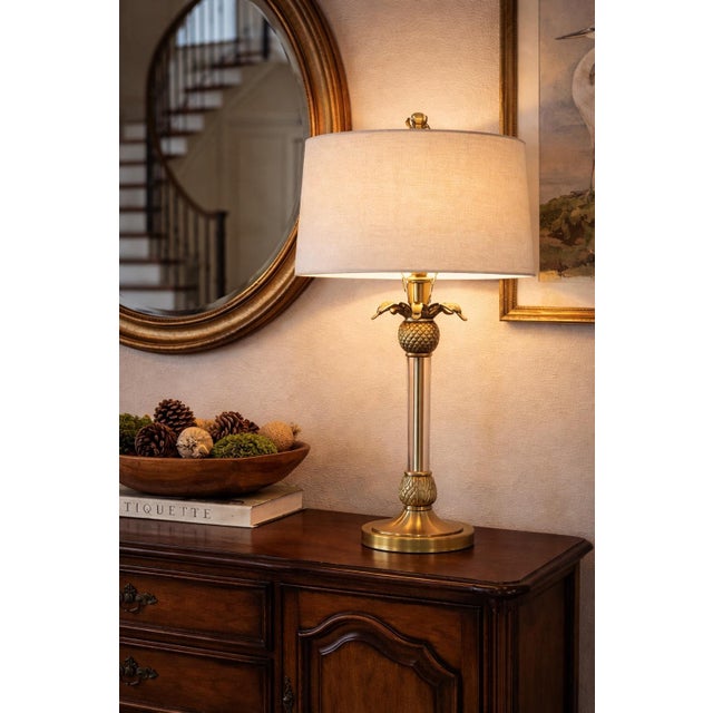 Metal Late 20th Century Tall Hollywood Regency Sunlit Brass & Glass Column Table Lamp With Pineapple Motif and Linen Drum Shade – 32” H For Sale - Image 7 of 8