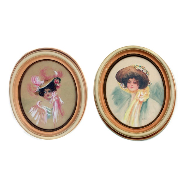 Gorgeous pair of two 1920's watercolor portraits of Gibson girls, one in blue and one in pink, by Charles Hollman (Dutch,...