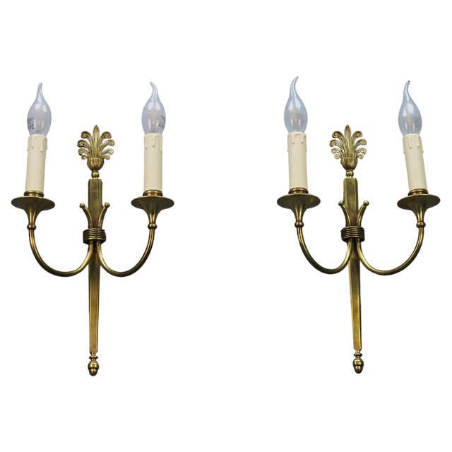 French Art Deco Brass Twin-Arm Sconces, 1930, Set of 2 For Sale