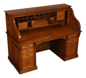 Exceptional Antique Quarter Sawn Oak Roll Top Desk With Carved 'Reading Hardware Co." Crest Panel