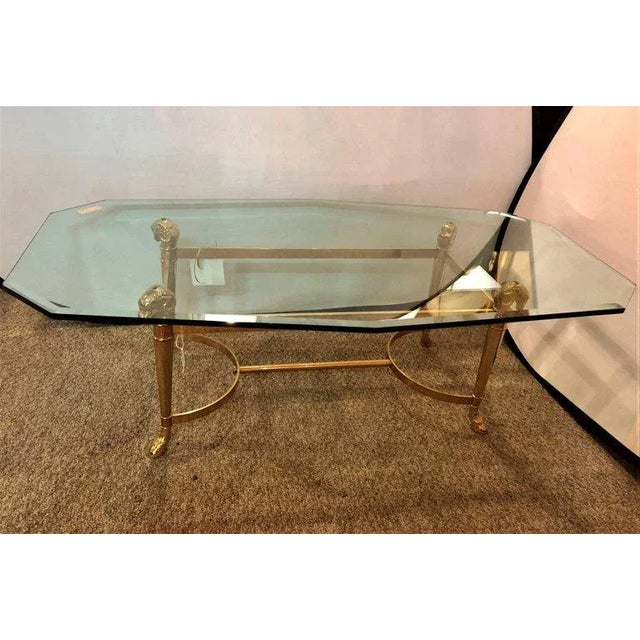 Hollywood Regency Manner of Jansen Octagon Glass Coffee Table Heavy Brass Ram Head For Sale - Image 3 of 10