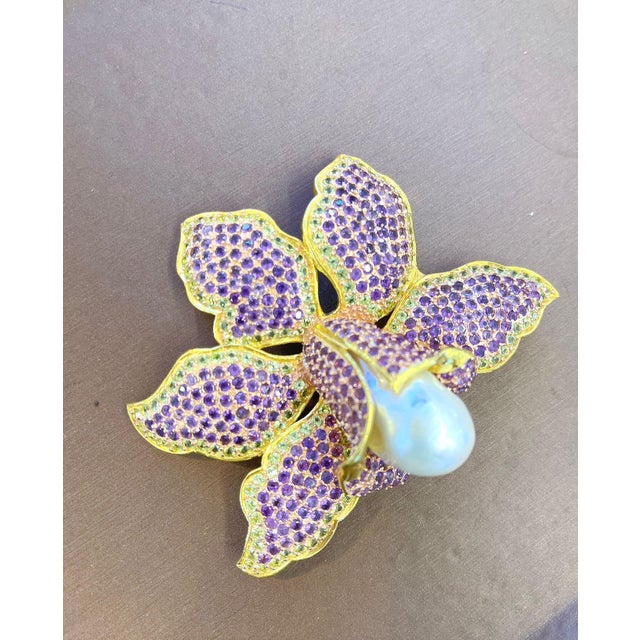 Bochic "Orient" Vintage Amethyst & Pearl Large Brooch, 18K Gold & Silver For Sale - Image 18 of 18