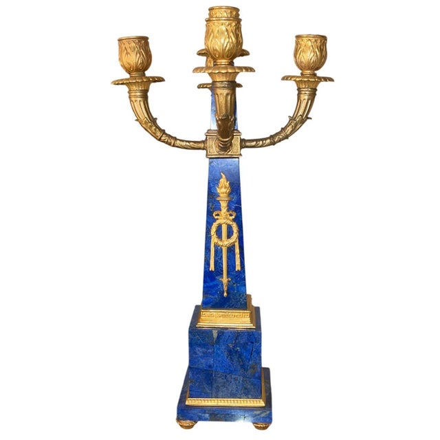Pair of Early 20th-Century French Lapis Lazuli & Gilt Bronze Obelisk Candelabras For Sale In Los Angeles - Image 6 of 6
