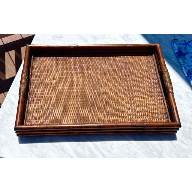 Asian 1970s Bamboo Rattan Handle Tray For Sale - Image 3 of 12