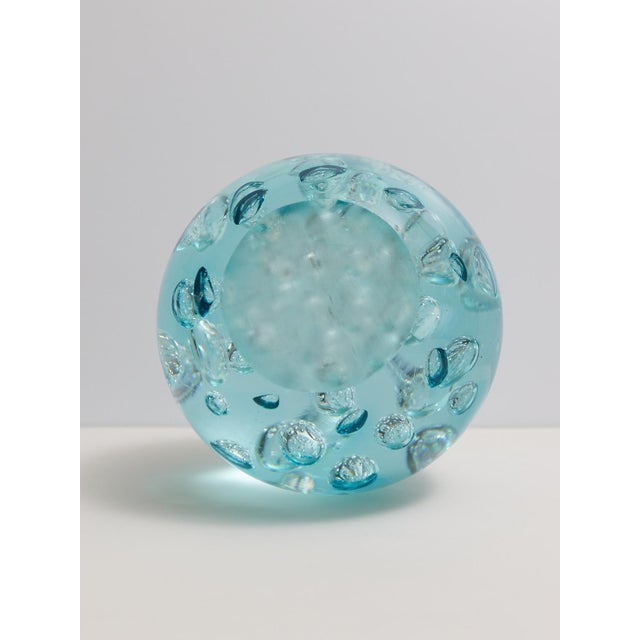 Mid-Century Modern Large Blown Glass Controlled Bubble Paperweight in Aqua For Sale - Image 3 of 9