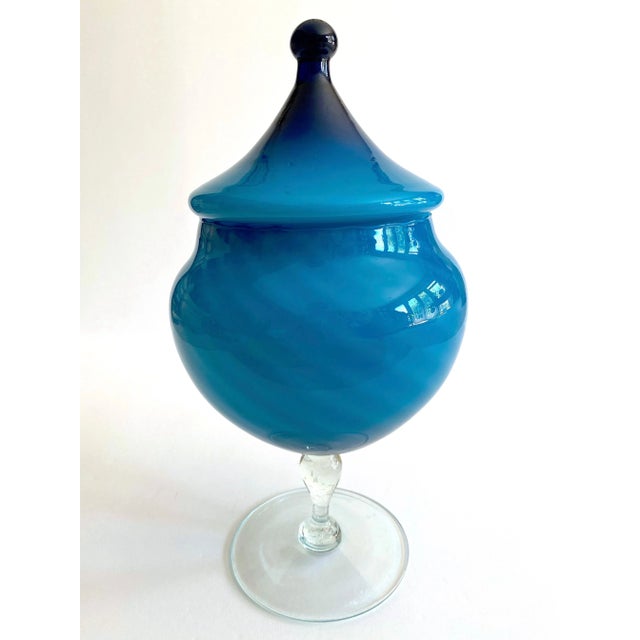 Vintage Mid Century Modern Empoli Italy Cerulean Royal Blue Ombre Art Glass Candy Bowl Pedestal Lidded Jar For Sale - Image 12 of 13