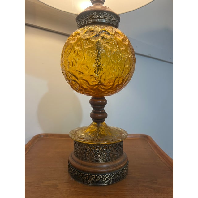 Pair Mid Century Modern Amber Articulated Brass and Wood Table Lamp For Sale - Image 4 of 12