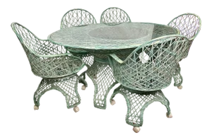 Russell Woodard Green/Cream Spun Fiberglass Table and Chairs - 6 Pieces