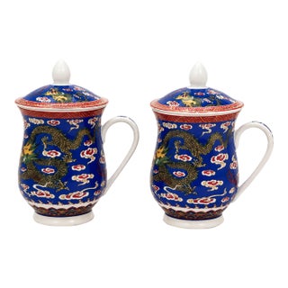 Vintage Chinese Blue Porcelain Lidded Dragon Tea Cups - a Pair For Sale