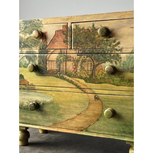 Green Hand-Painted Cottage Landscape Chest of Drawers, 19th Century For Sale - Image 8 of 18