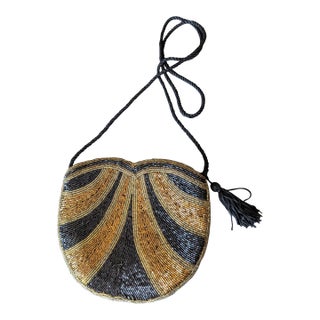 80's Art Deco Black and Copper Beaded Evening Bag For Sale